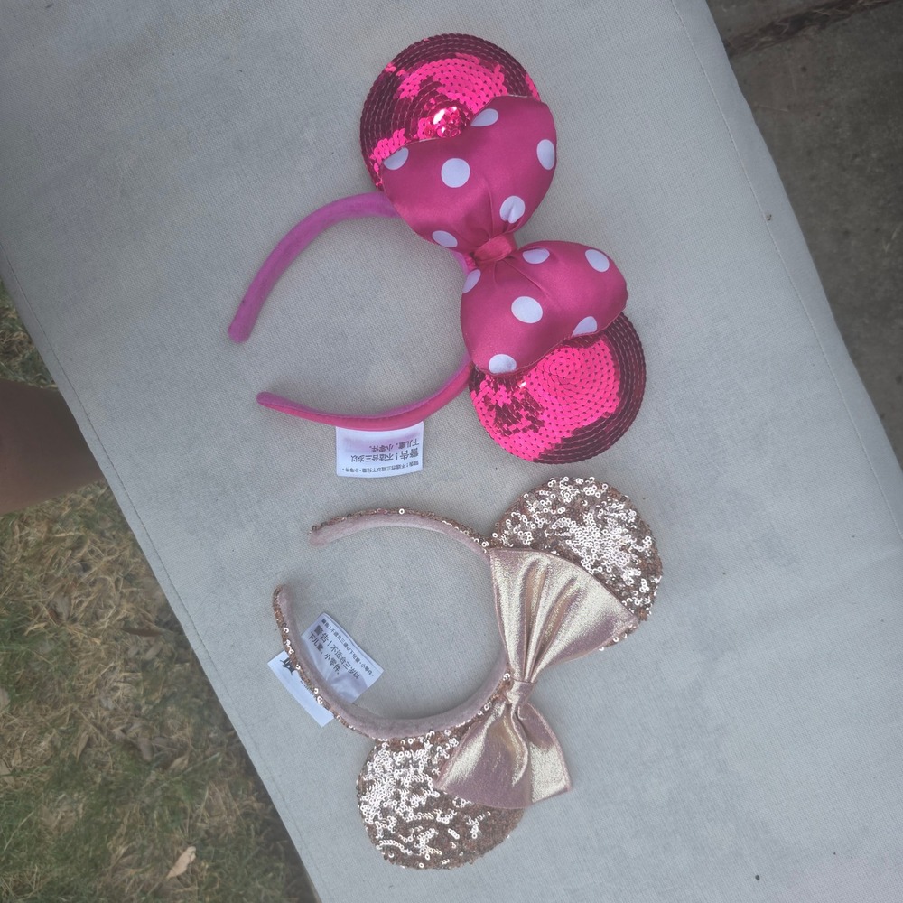 Disney Parks Minnie Mouse Ears Headband Lot Rose Gold Magenta Pink Sequins Bow - Picture 1 of 9